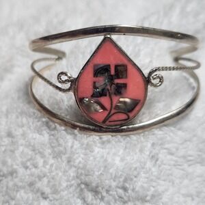 Vintage Alpaca Mexico Silver Pink Abalone Shell Inlay Teardrop Cuff Bracelet